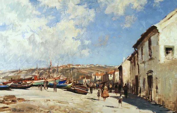 Картинка люди, улица, дома, картина, городской пейзаж, Эдуард Сиго, Назаре. Португалия