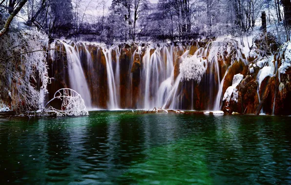 Картинка зима, лес, снег, озеро, река, водопад, поток, хорватия, Croatia