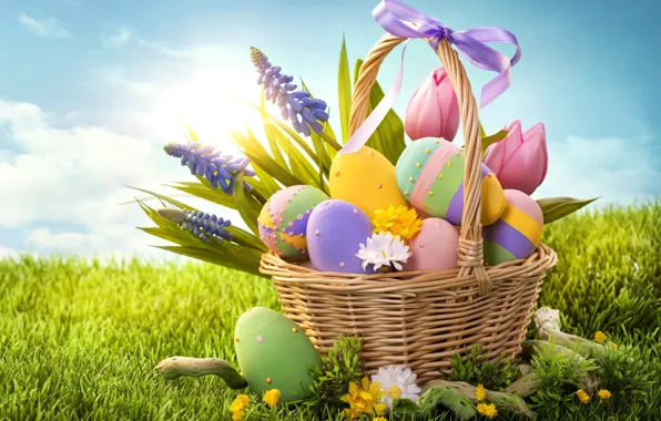 Картинка трава, цветы, праздник, корзина, яйца, весна, Пасха, бант, Easter, пасхальные