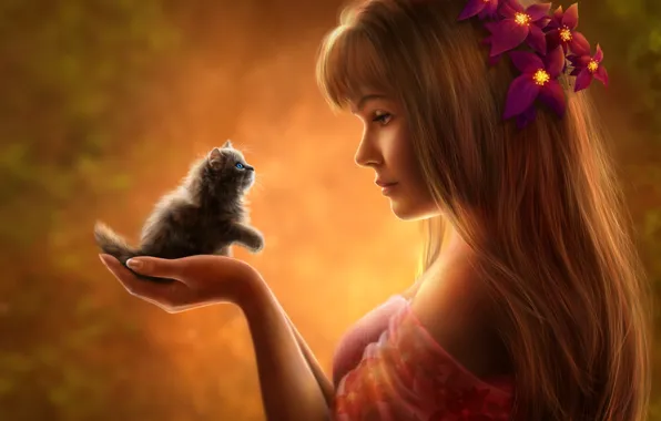 Картинка девушка, цветы, котенок, настроение, волосы