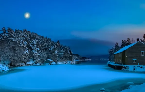 Картинка ночь, дом, Норвегия, залив
