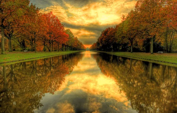 Картинка осень, трава, вода, деревья, природа, дерево, пейзажи, парки