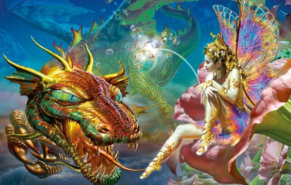 Картинка цветы, пузыри, дракон, эльф, крылья, браслеты, Adrian Chesterman