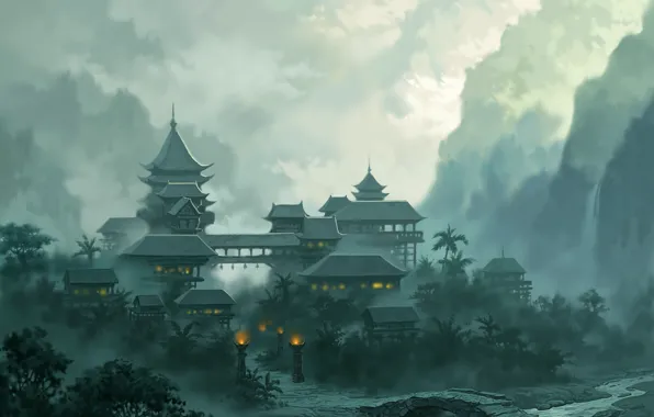 Картинка пейзаж, горы, мост, город, огни, туман, река, jade dynasty