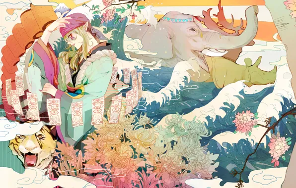 Картинка вода, цветы, тигр, звери, слон, арт, парень, Mononoke, Kusuriuri