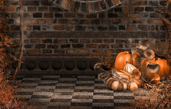 Картинка осень, стена, праздник, паутина, тыквы, Halloween, wall, Хэллоуин, кирпичи, bricks, autumn, holiday, pumpkins, поганки, spiderweb, …