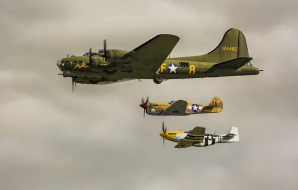 Картинка полёт, бомбардировщик, B-17, P-51 Mustang, Curtiss P-40
