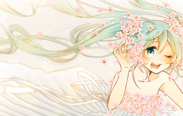 Картинка девушка, радость, цветы, улыбка, аниме, сакура, арт, vocaloid, hatsune miku, orihara sachiko