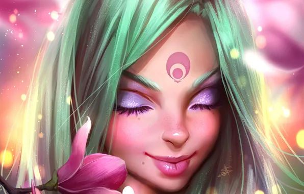 Картинка цветок, девушка, лицо, ресницы, аниме, арт, губы