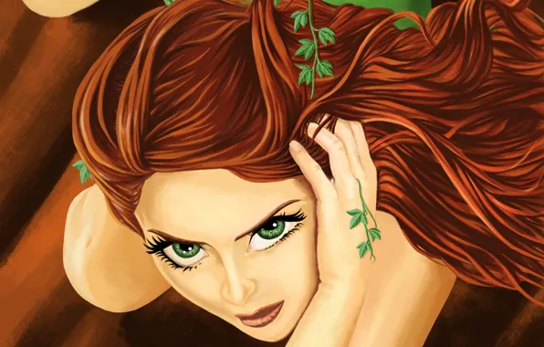 Картинка взгляд, лицо, волосы, растения, руки, арт, зеленые глаза, DC Comics, Poison, Pamela Lillian Isley, Памела …