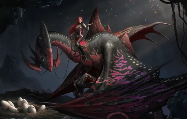 Картинка девушка, дракон, яйца, арт, пещера, рыжая
