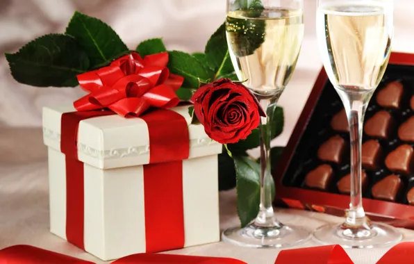 Картинка коробка, подарок, роза, бокалы, конфеты, лента, сердечки, Праздник, шампанское, День Святого Валентина, День рождения, шоколодные