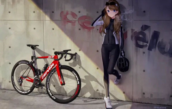Картинка девушка, велосипед, стена, бутылка, аниме, арт, очки, шлем, экипировка, hitomi kazuya