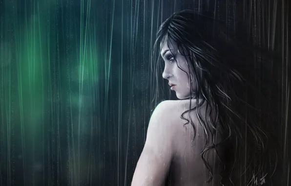 Картинка девушка, лицо, дождь, волосы, спина, мокрая, арт, профиль