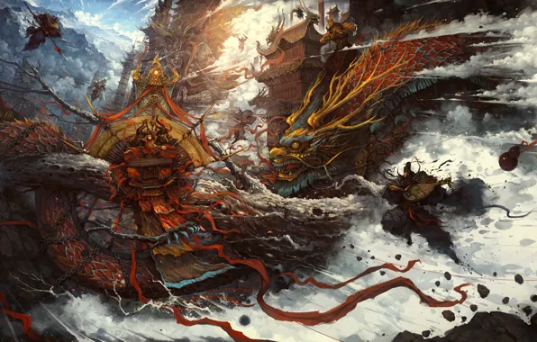 Картинка фентези, магия, дракон, арт, битва, Zhichao Cai