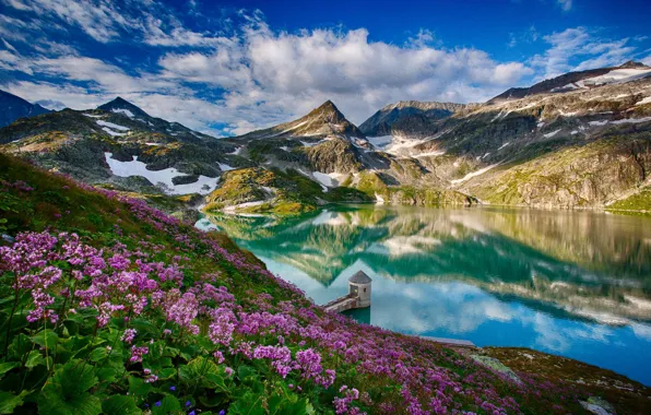 Картинка горы, природа, озеро, отражение, башня, весна