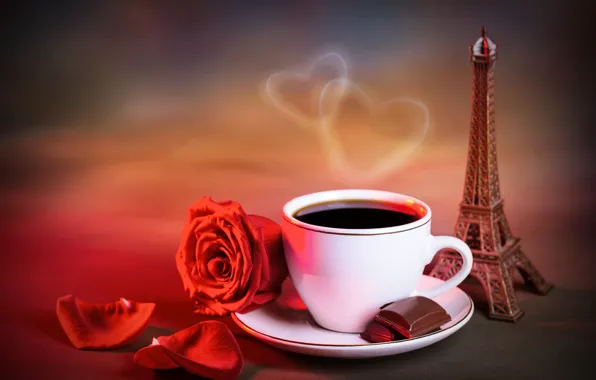 Картинка сердце, роза, кофе, шоколад, лепестки, пар, чашка, статуэтка, Эйфелева башня, красная, La tour Eiffel