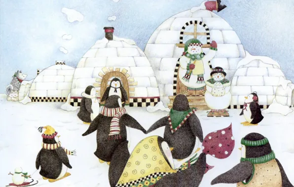 Картинка зима, детство, праздник, пингвины, снеговик