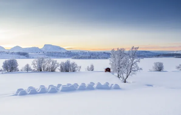 Картинка зима, снег, деревья, горы, избушка, Норвегия, панорама, сугробы, Norway, Troms, Тромс, Lyngen Alps, Балсфьорд, Balsfjord