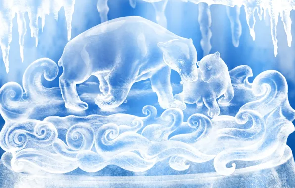 Картинка белый, снег, синий, рисунок, Медведи