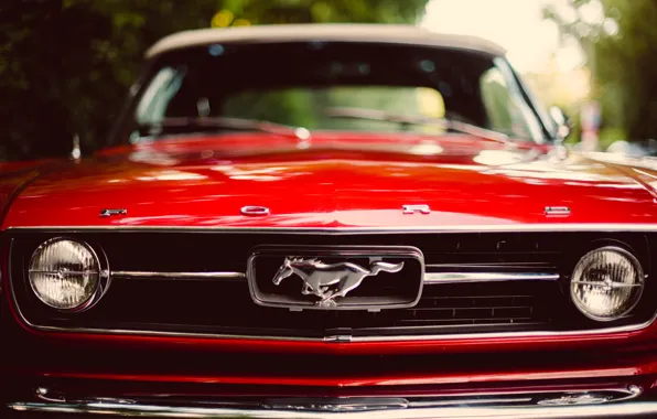 Картинка красный, Mustang, мустанг, red, ford, форд, передок, classic, боке