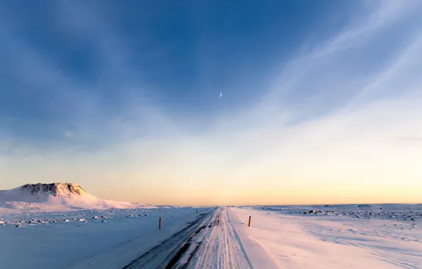 Картинка зима, дорога, небо, луна, утро, Исландия