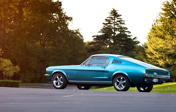 Картинка синий, Mustang, Ford, 1967, Fastback, боком