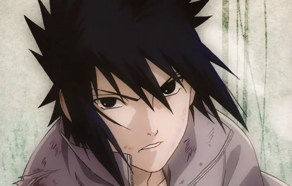Картинка портрет, серый фон, Naruto, рваная одежда, ссадины, Sasuke uchiha, взгряд, Наруто Ураганные хроники