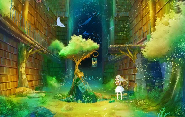 Картинка девушка, дерево, книги, аниме, арт, фонарь, библиотека, inz