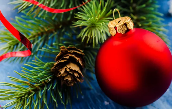 Картинка зима, ветки, красный, игрушка, шар, ель, шарик, Новый Год, Рождество, декорации, шишка, Christmas, праздники, New …