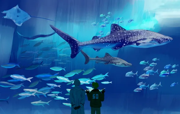 Картинка аквариум, акула, аниме, большой, арт, скат, наблюдение, морские, Oceanarium, хеталия и страны оси, Axis Powers …