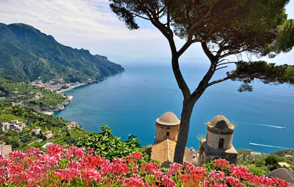 Картинка море, небо, деревья, цветы, горы, Италия, Салерно, Равелло