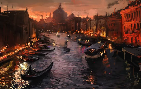 Картинка город, огни, река, лодка, вечер, венеция, art, Venice