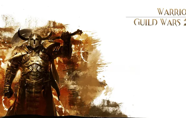 Картинка меч, доспехи, воин, белый фон, рога, шлем, Warrior, Guild wars 2