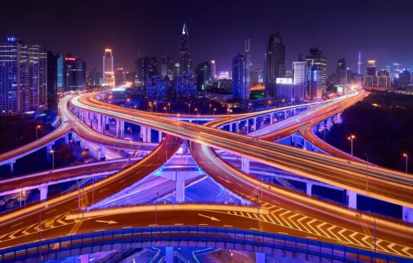 Картинка дорога, свет, ночь, город, огни, выдержка, Китай, Шанхай, мосты