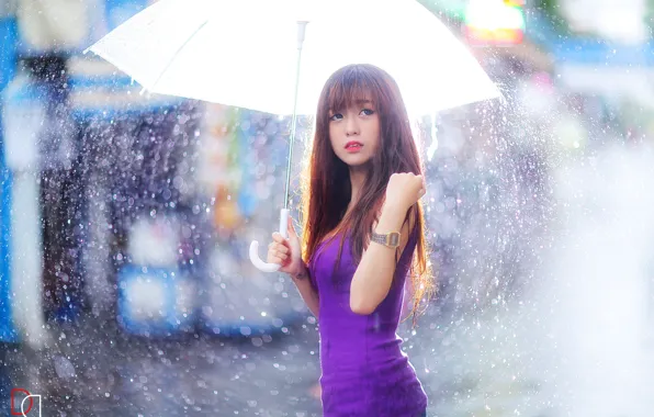Картинка девушка, дождь, зонт, азиатка