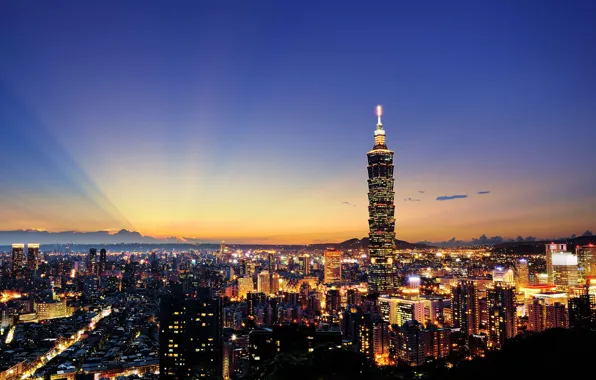 Картинка небо, закат, город, огни, дома, вечер, Китай, Тайвань, небоскрёбы, панорама., Тайбей