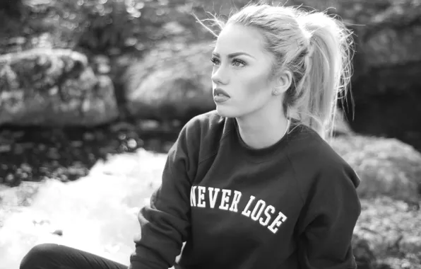 Картинка girl, woman, model, black and white, blonde, female, b/w, sweater, Amy Crilley, Never Lose