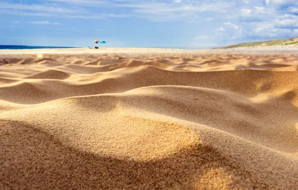 Картинка песок, море, пляж, фокус, зонтики