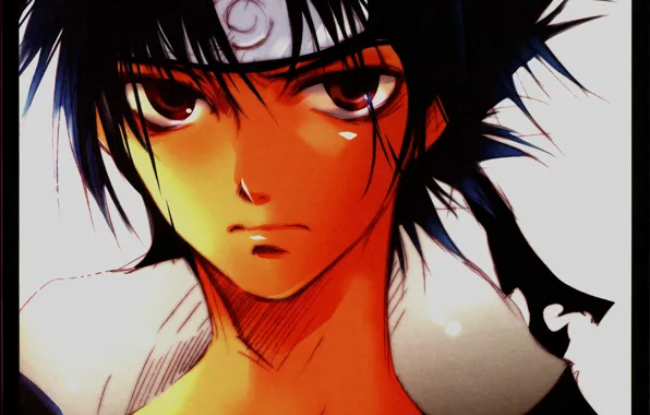 Картинка взгляд, лицо, мальчик, Sasuke Uchiha, Naruto Shippuden, повязка на лоб, эмблема конохи