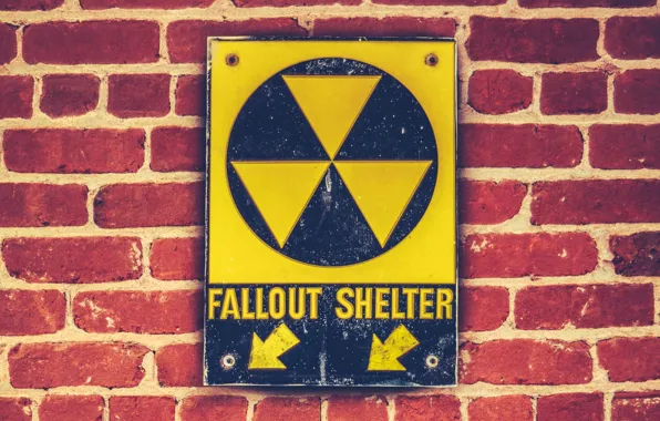 Картинка bricks, sign, fallout shelter, wall sign