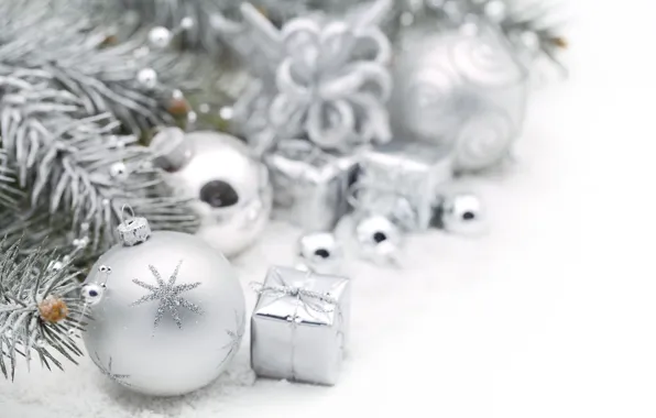Картинка зима, шарики, снег, игрушки, ель, ветка, Новый Год, Рождество, декорации, белые, Christmas, праздники, New Year, …