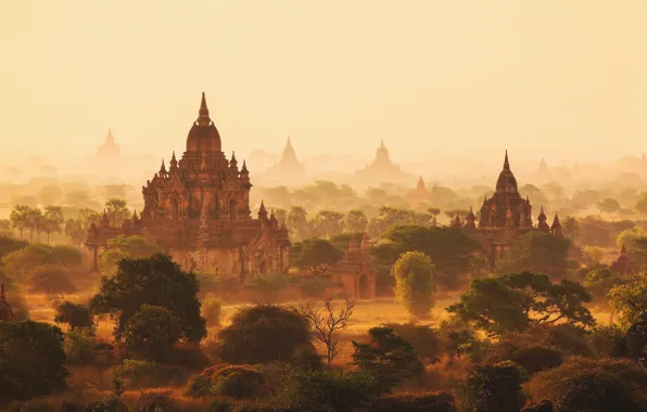 Картинка утро, дымка, Мьянма, Бирма, храмы