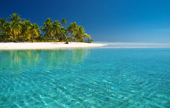 Картинка море, пляж, пальмы, тихий океан, острова Кука, вода прозрачность, остров Aitutaki