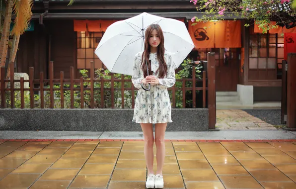 Картинка девушка, лицо, зонтик, дождь, волосы, платье, ножки