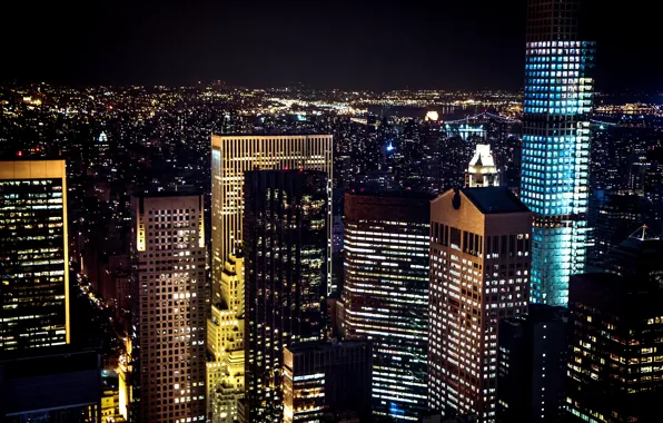 Картинка свет, ночь, город, огни, окна, здания, Нью-Йорк, небоскребы, подсветка, панорама, USA, Манхэттен, Manhattan, NYC, New …