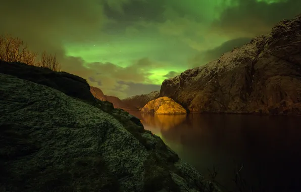 Картинка ночь, северное сияние, Норвегия, Остров Brattholme