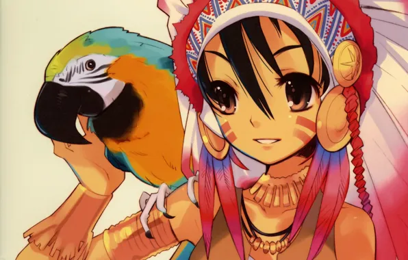 Картинка перья, попугай, девочка, большие глаза, головной убор индейского воина, by noizi ito