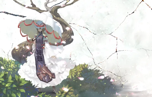 Картинка зелень, девушка, дерево, зонт, платье, арт, прогулка, кусты, touhou, светло, yakumo yukari