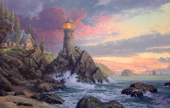Картинка волны, скала, дом, океан, маяк, вечер, waves, rock, house, живопись, ocean, sunset, art, evening, Томас …